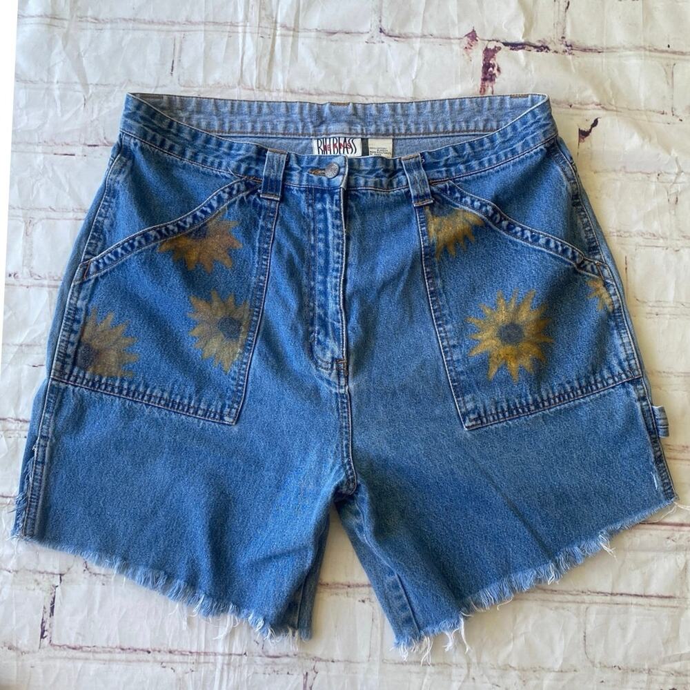 90s Bill Blass Sunflower Denim Carpenter Shorts High Rise Cottagecore 36W SZ 16